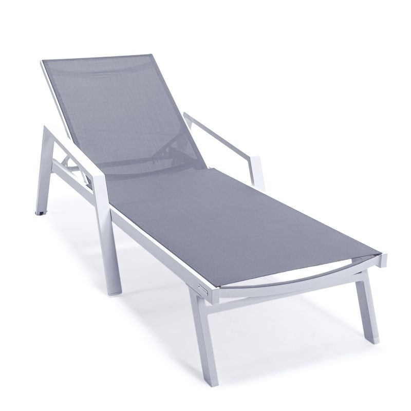 LeisureMod Marlin Patio Chaise Lounge Chair with Armrests in White Aluminum Frame Dark Grey