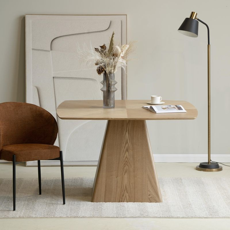 LeisureMod Zephry Collection Modern Dining Wooden Square Dining Table in Natural Wood with Chair.