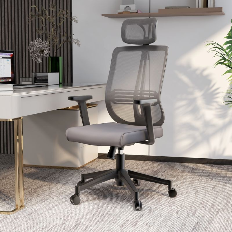 LeisureMod Office Nift Series Office Task Chair in Grey at Desk.