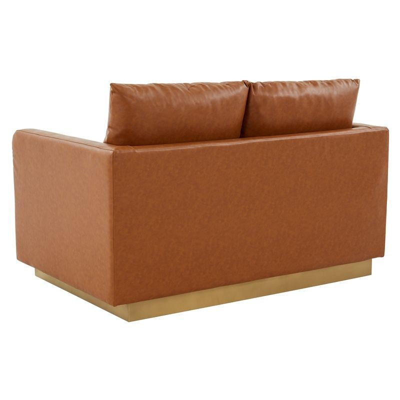 LeisureMod Nervo Modern Mid-Century Upholstered Faux Leather Loveseat with Gold Frame Cognac Tan Back.