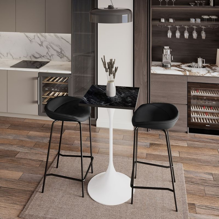 LeisureMod Verve Collection 24 Square Top Bar Height Table, White Base with Black MDF Top with Chairs.