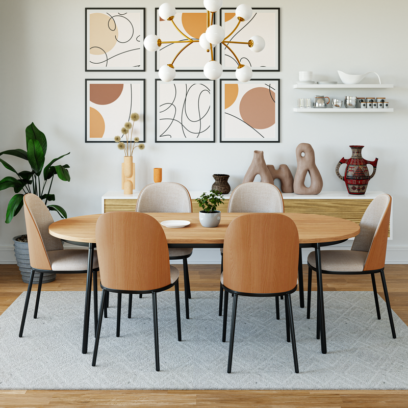 LeisureMod Tule Mid-Century Modern Dining Side Chair with Velvet Seat and Powder-Coated Steel Frame Natural Wood/Beige in Dining Room.