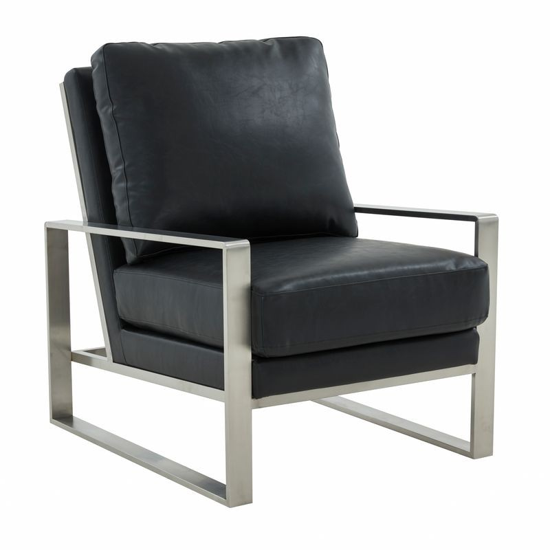 LeisureMod Jefferson Leather Modern Design Accent Armchair with Elegant Silver Frame Black Angled Photo.