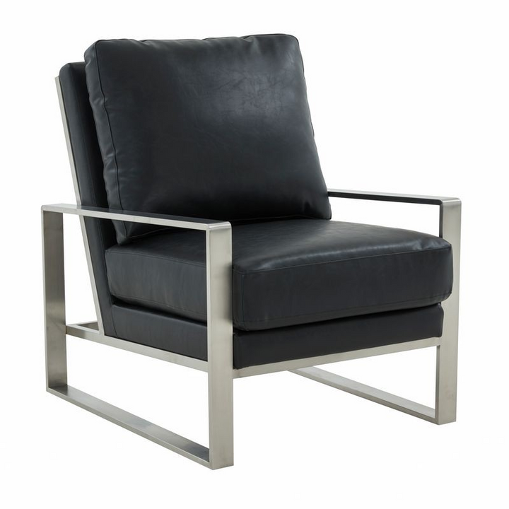 LeisureMod Jefferson Leather Modern Design Accent Armchair with Elegant Silver Frame Black Angled Photo.