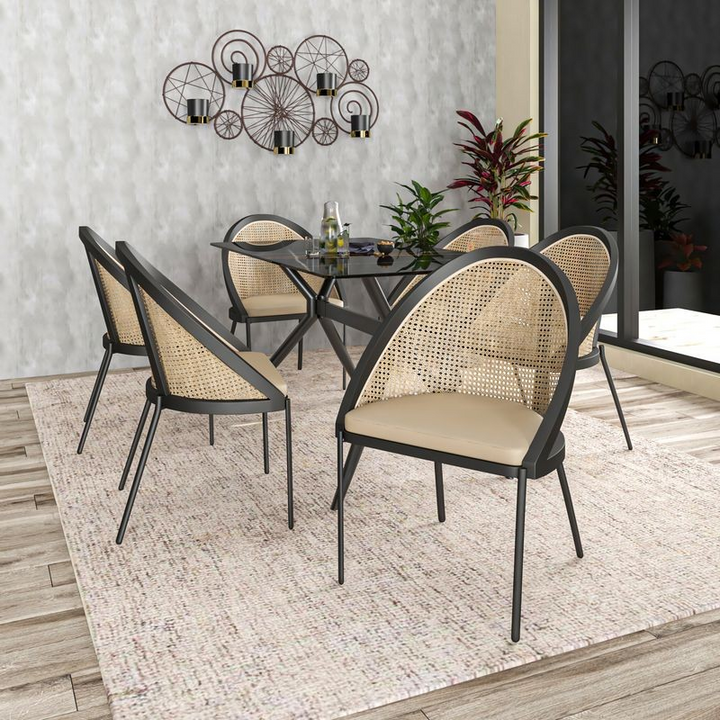 LeisureMod Urbane Collection Modern Dining Chair with Wicker Back in Cream at Table.