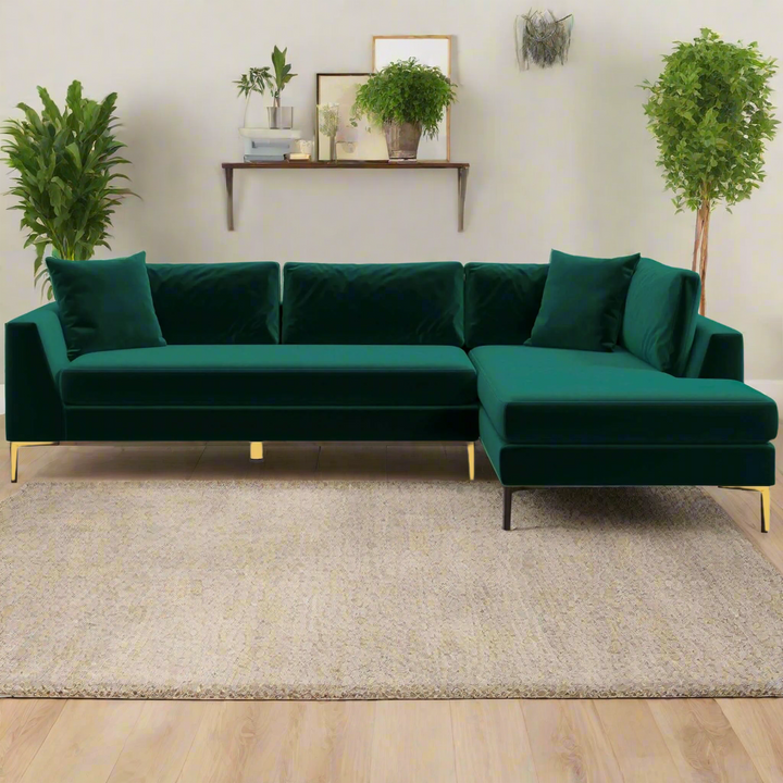 Mano L-Shaped Velvet Sectional Sofa in Green Right Facing Photo