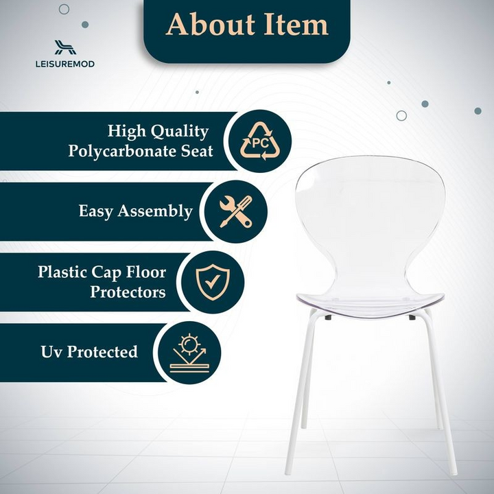 White chair with features listed on a gray background.