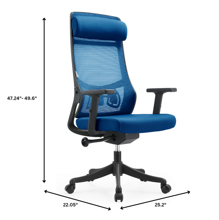 Blue office chair with dimensions indicated on a white background.