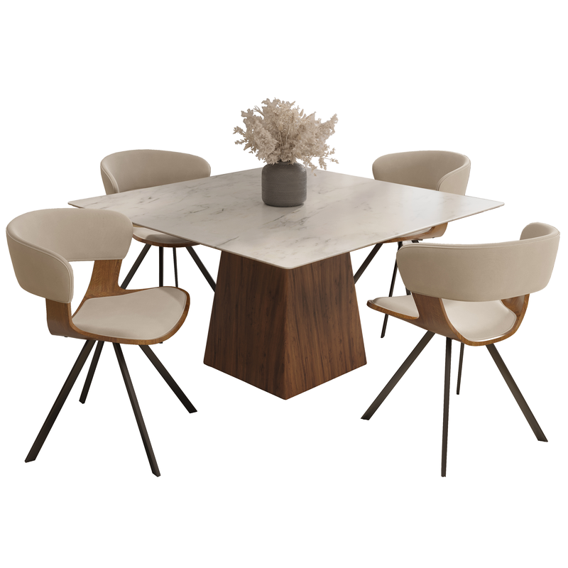 LeisureMod 5-Piece Dining Set with Square Dining Table White Sintered Stone Top and 4 Velvet Dining Chairs in Walnut/Light Brown Velvet