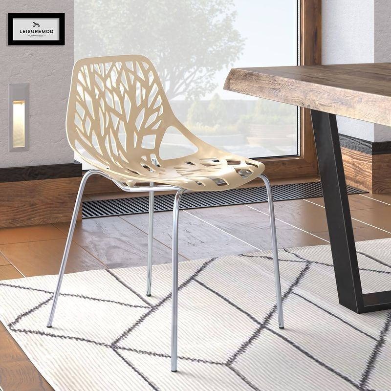 LeisureMod Modern Asbury Dining Chair w/ Chromed Legs Cream at Table.
