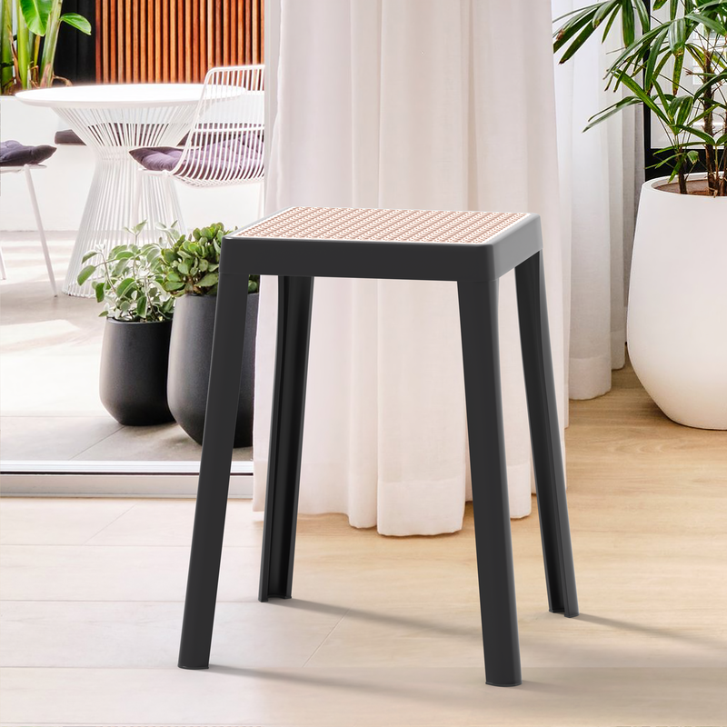 LeisureMod Tresse Series Stackable Poly Stool with Wicker Top in Black with Background.