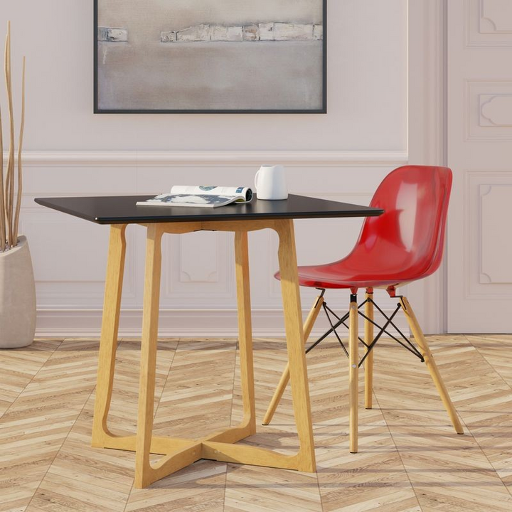 LeisureMod Dover Plastic Molded Dining Side Chair Transparent Red at Table.