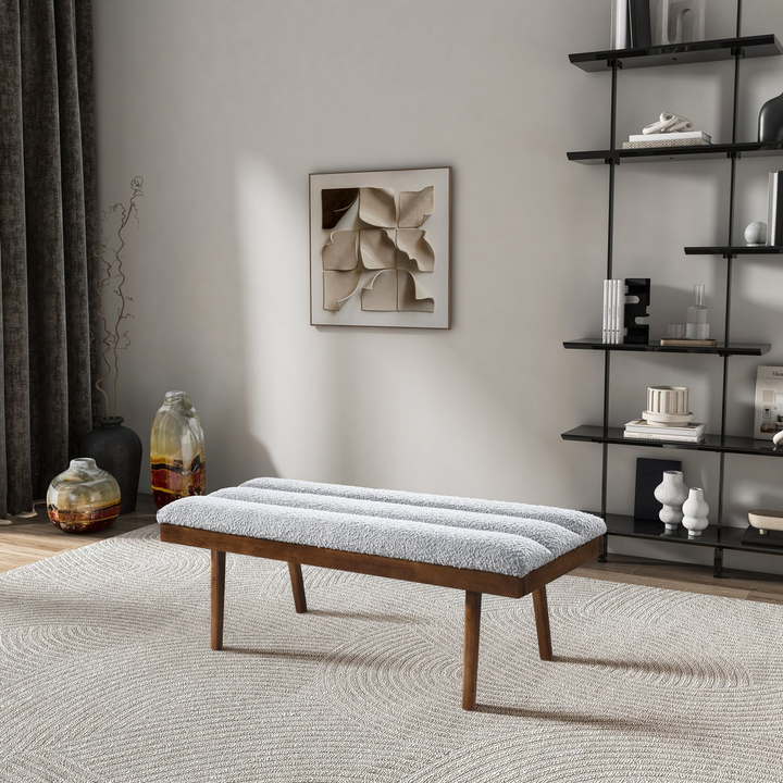 Troni Light Grey Boucle Bench in Room.