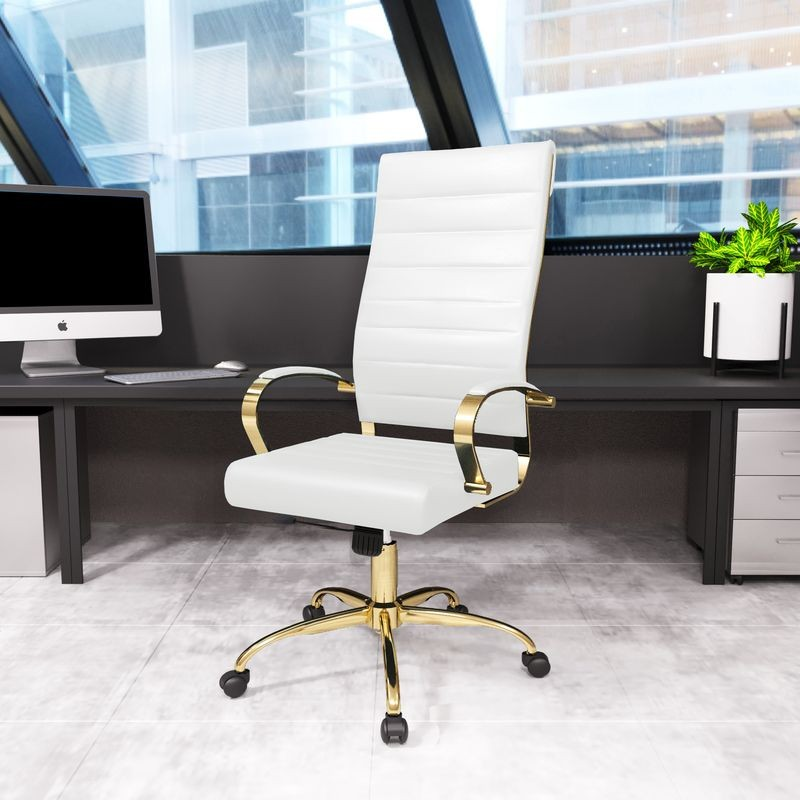 LeisureMod Benmar High-Back Leather Office Chair with Gold Frame White in Office.