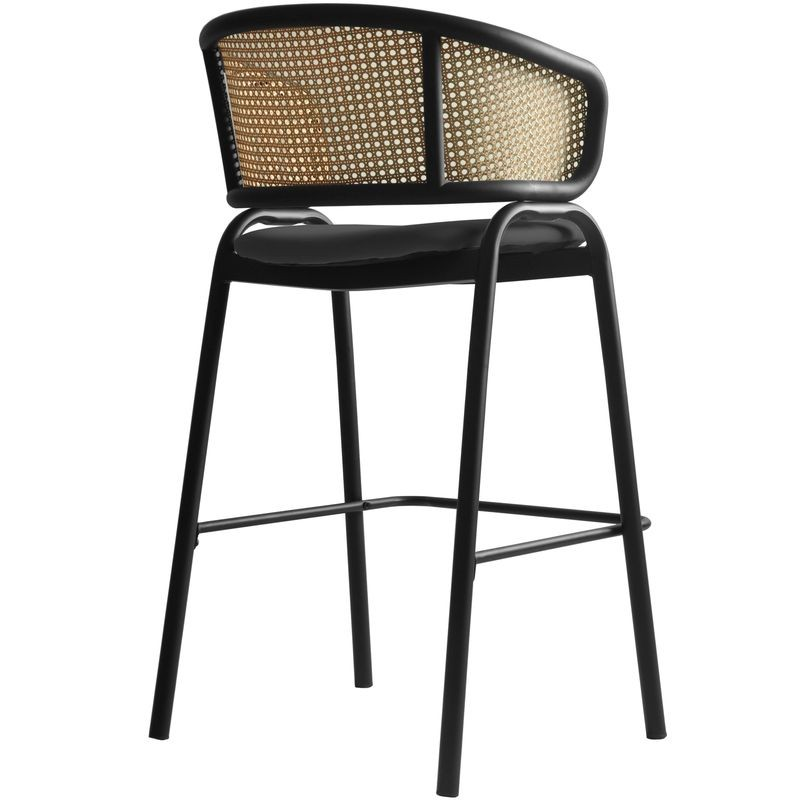 LeisureMod Ervilla Wicker Bar Stool with Fabric Seat and Black Steel Frame in Black Leather Back View.