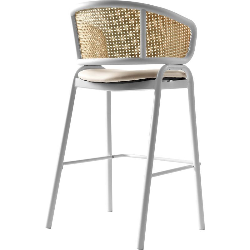 LeisureMod Ervilla Wicker Bar Stool with Fabric Seat and White Steel Frame in White Leather Back View.