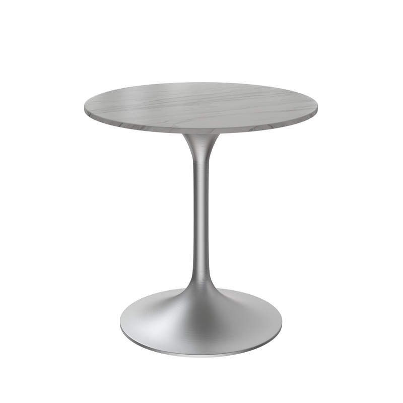 LeisureMod Verve Collection 27 Round Dining Table, Brushed Chrome Base with Sintered Stone White Top