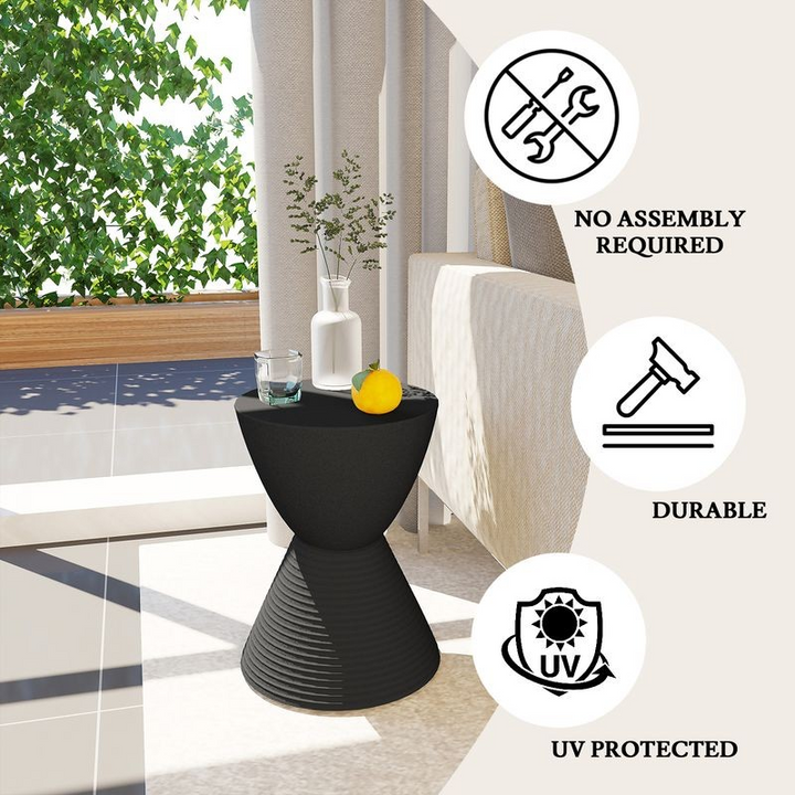 Black side table with decorative items on a patio, featuring icons indicating no assembly required, durable material, and UV protection.