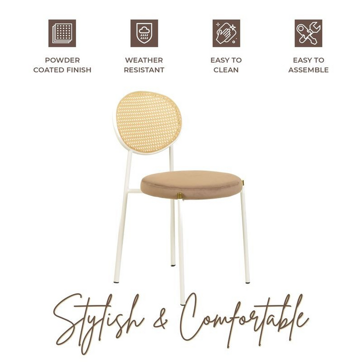 Chair with rattan backrest and cushioned seat, featuring product features on a white background.