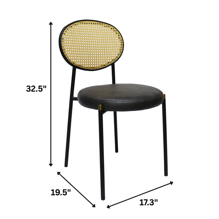 Black chair with wicker backrest and dimensions labeled on a white background.
