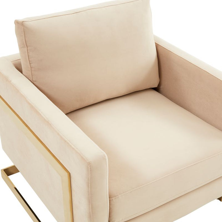 Beige armchair with gold accents on a white background.