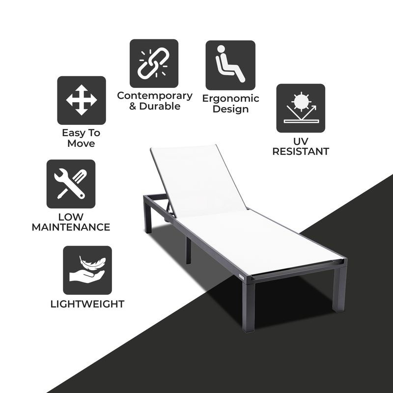 LeisureMod Marlin Patio Chaise Lounge Chair with Black Aluminum Frame White Description.