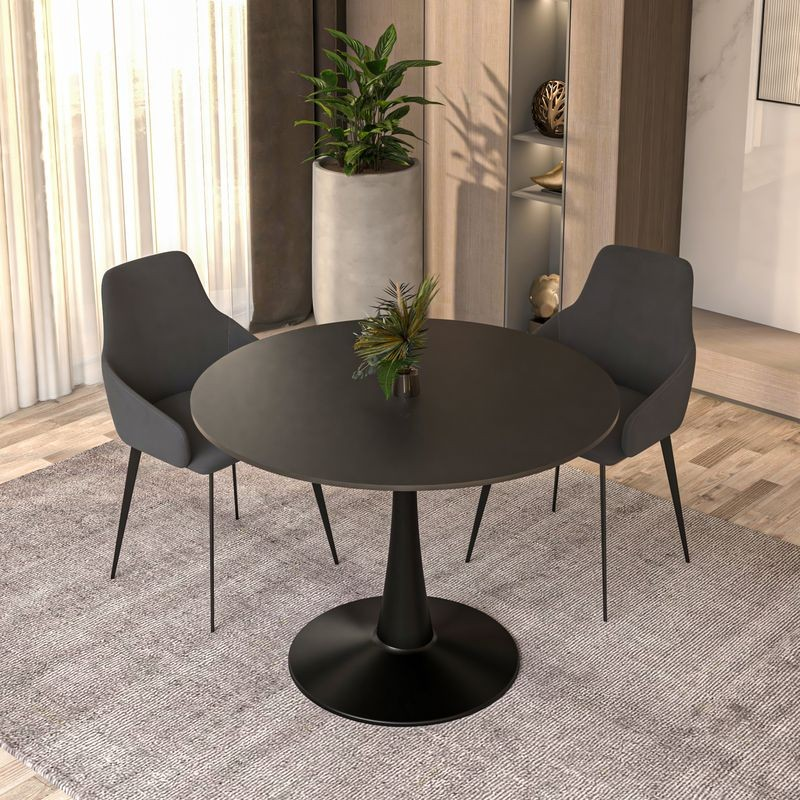LeisureMod Bristol, 40" Round Dining Table in Black Base with Black Top at Table.