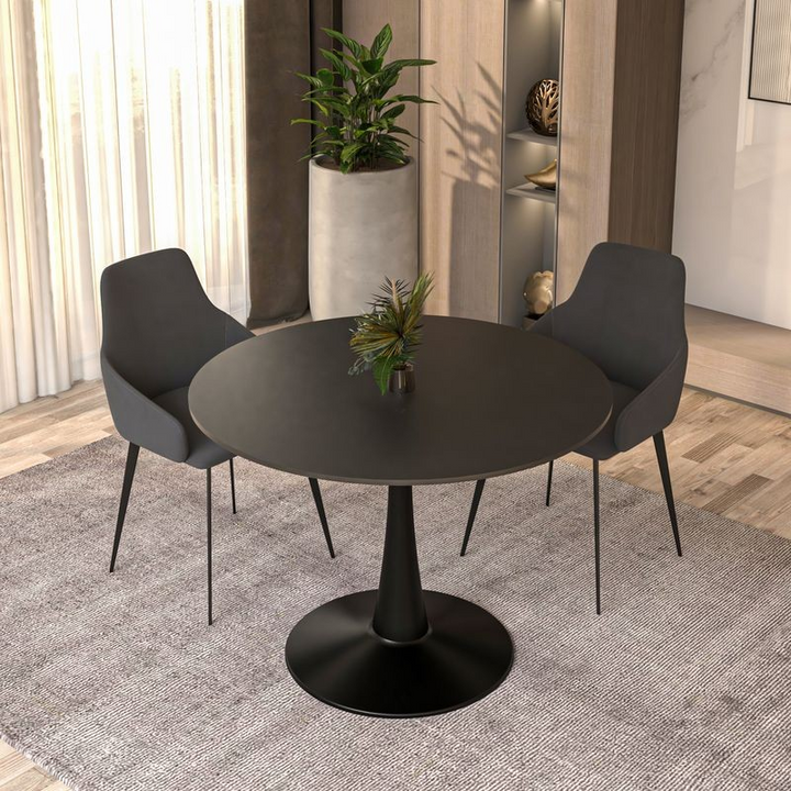 LeisureMod Bristol, 40" Round Dining Table in Black Base with Black Top at Table.