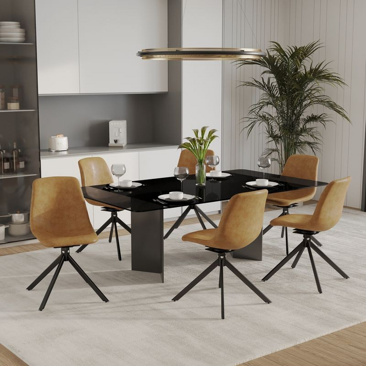 LeisureMod Markley Modern Leather Swivel Dining Chair With Metal Legs in Brown at Table.