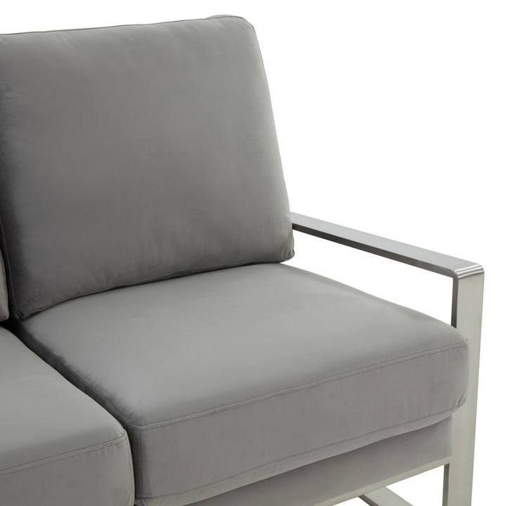 Leisuremod Jefferson Contemporary Modern Velvet Loveseat with Silver Frame Light Grey Closeup.