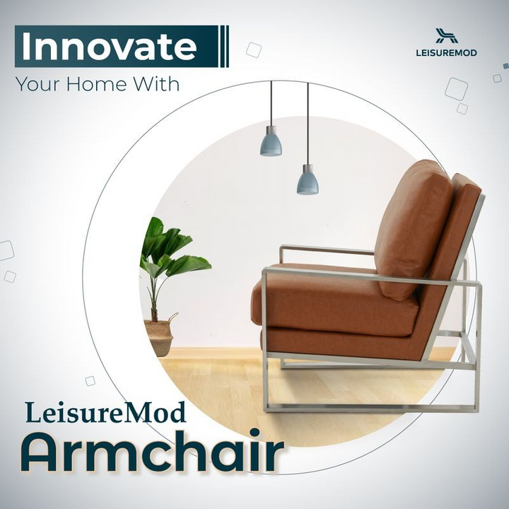 LeisureMod Jefferson Leather Modern Design Accent Armchair with Elegant Silver Frame Cognac Tan Innovation.