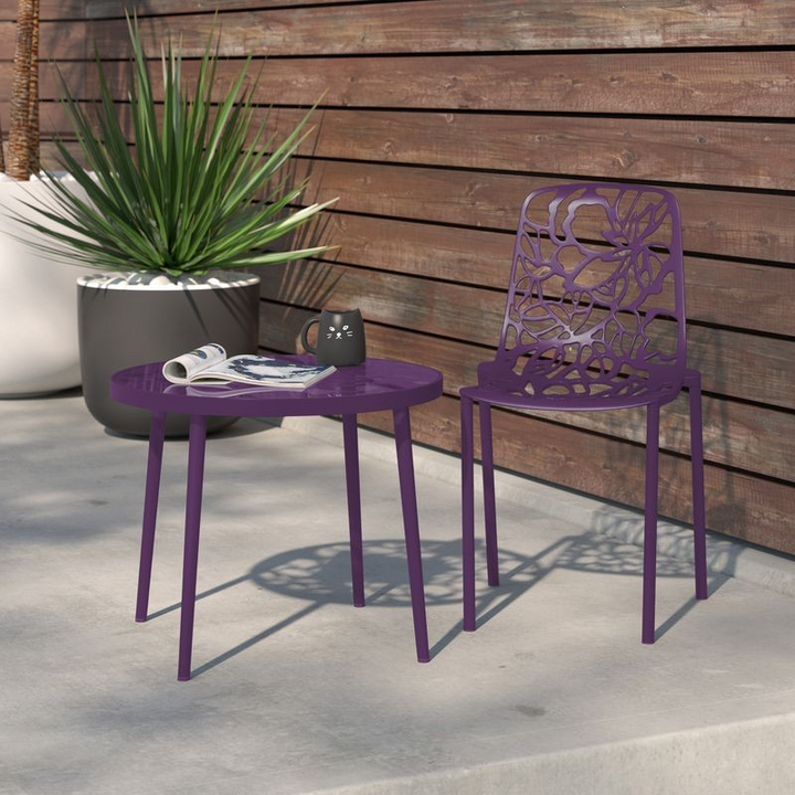 LeisureMod Modern Devon Aluminum Chair Purple at Table.