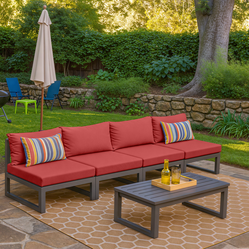 LeisureMod Chelsea 4-Piece Middle Patio Chairs Black Aluminum with Cushions Red