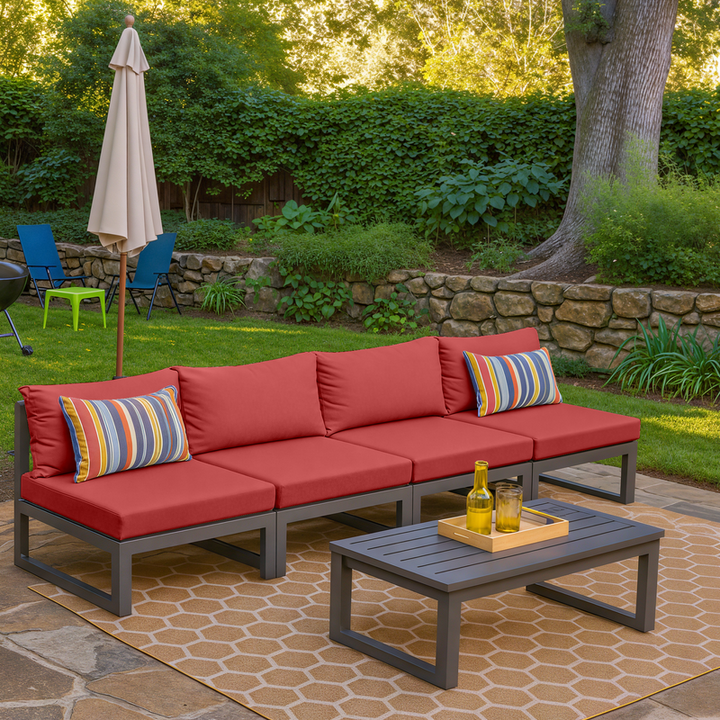 LeisureMod Chelsea 4-Piece Middle Patio Chairs Black Aluminum with Cushions Red