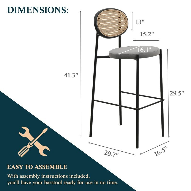 LeisureMod Euston Modern Wicker Bar Stool with Black Steel Frame in Grey Dimensions.