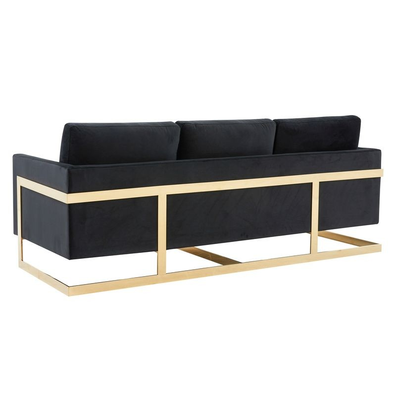 LeisureMod Lincoln Modern Mid-Century Upholstered Velvet Sofa with Gold Frame Black Back View.