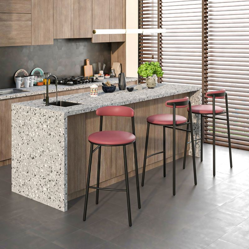 LeisureMod Lume Collection Modern Bar Stool in Burgundy at Bar.