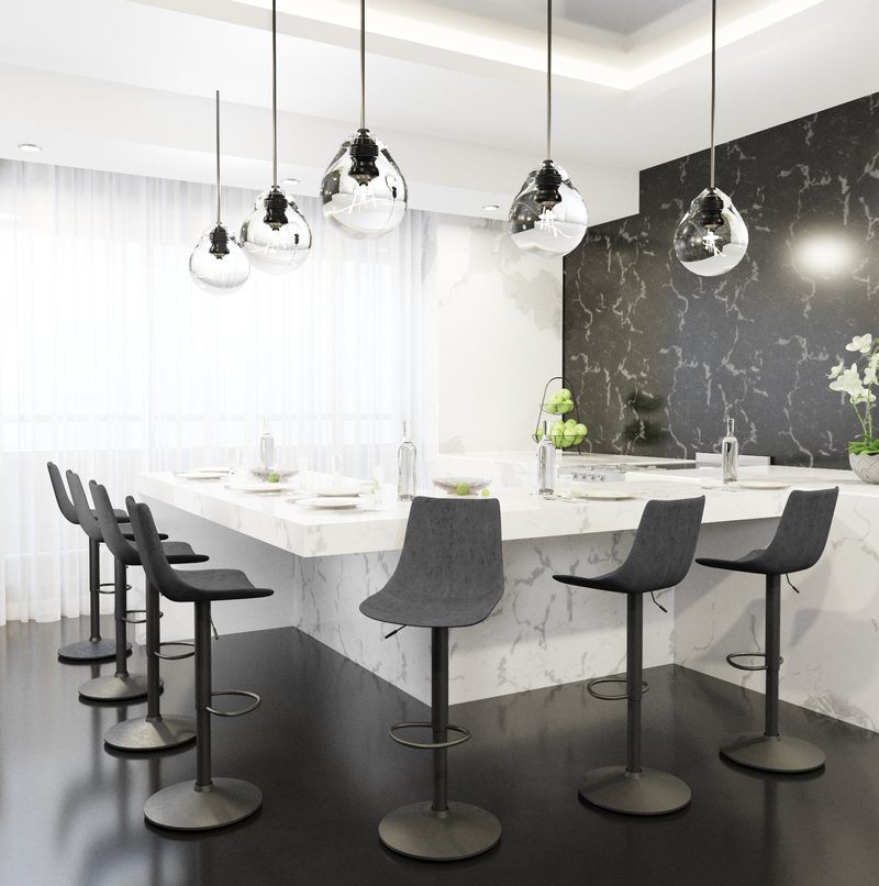 LeisureMod Tilbury Modern Adjustable Bar Stool with Footrest and 360-Degree Swivel in Charcoal Black at Bar.