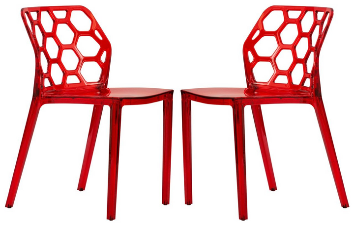 LeisureMod Modern Dynamic Dining Chair, Set of 2 Transparent Red