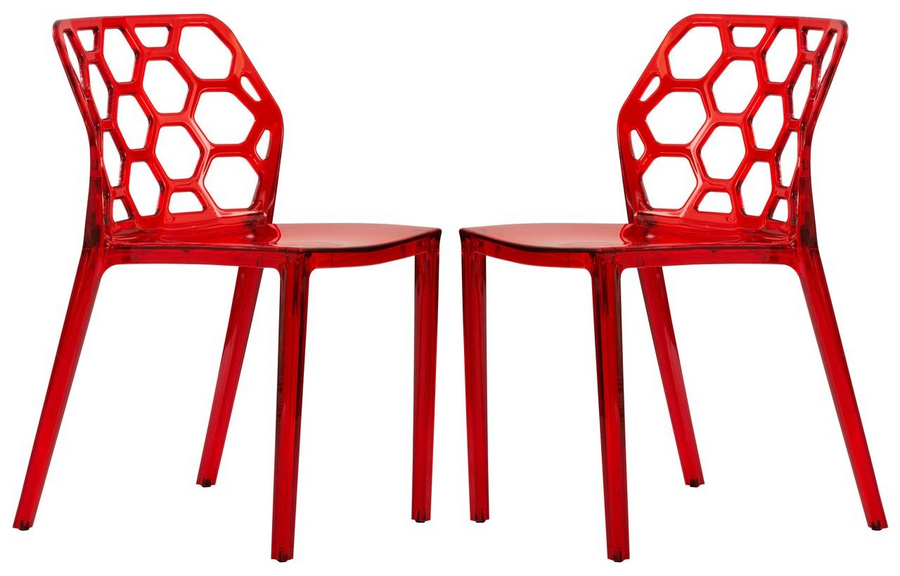 LeisureMod Modern Dynamic Dining Chair, Set of 2 Transparent Red