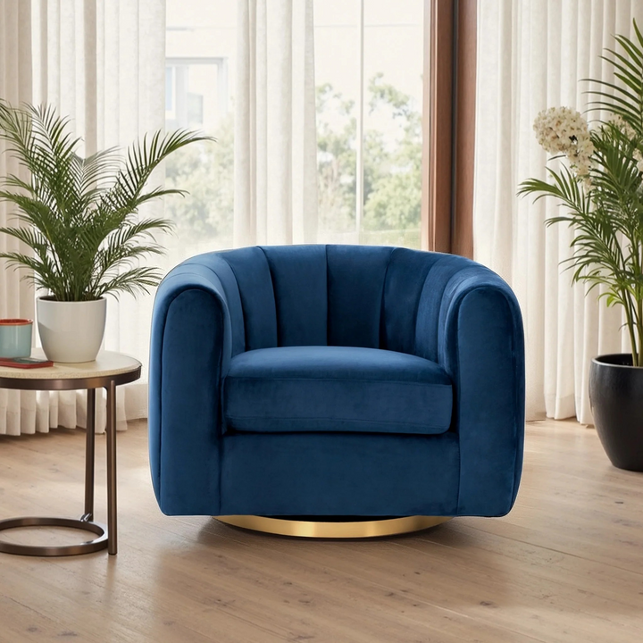Cosey Navy Blue Velvet Swivel Chair Front View.