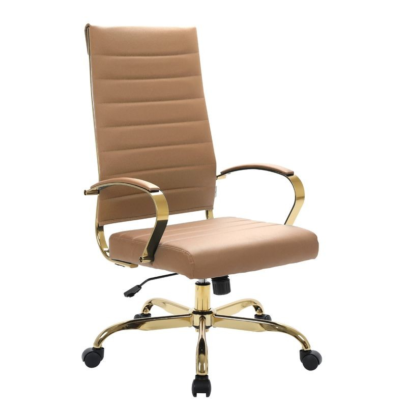 LeisureMod Benmar High-Back Leather Office Chair with Gold Frame Light Brown