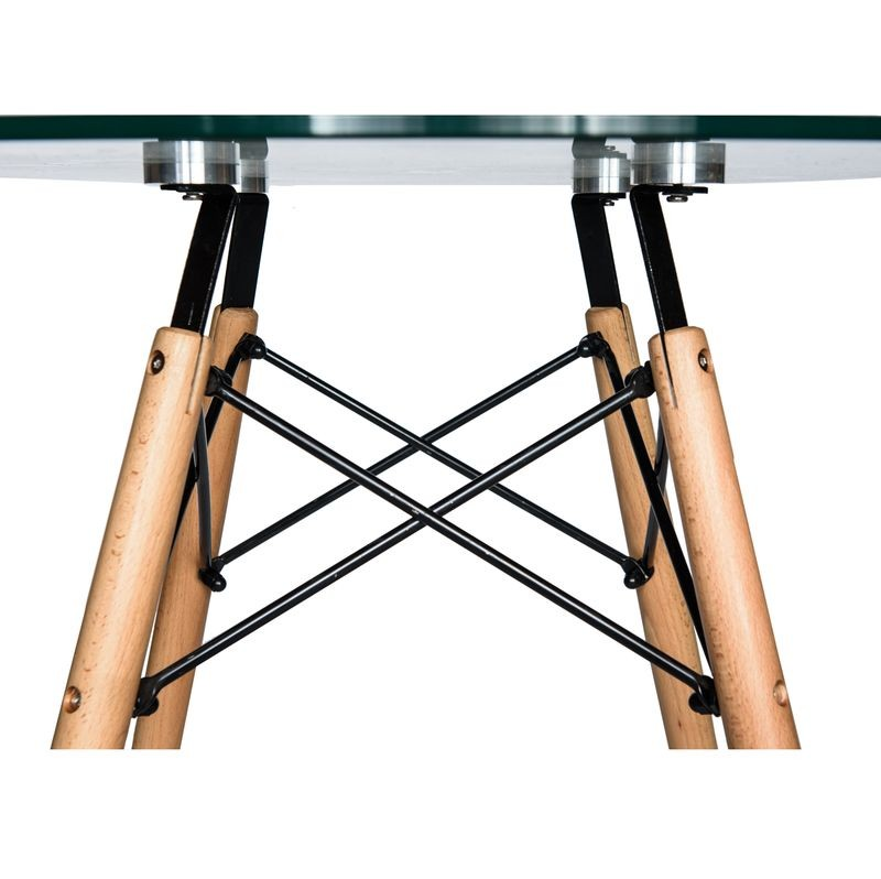 LeisureMod Dover Round Bistro Glass Top Dining Table w/Natural Wood Eiffel Base Closeup.