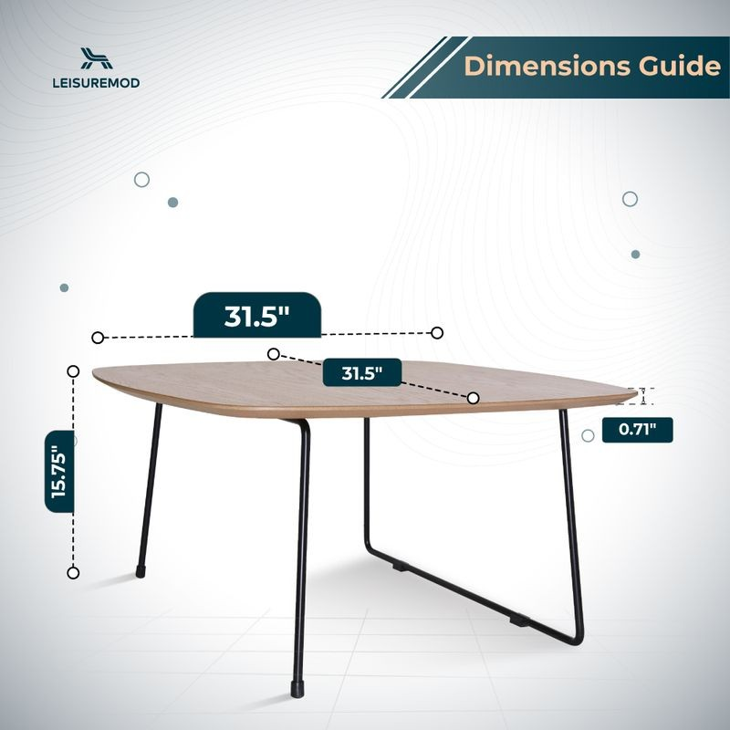 LeisureMod Pemborke Mid Century Modern Square Coffee Table with Wood Top and Powder Coated Iron Frame in Natural Wood Dimensions.