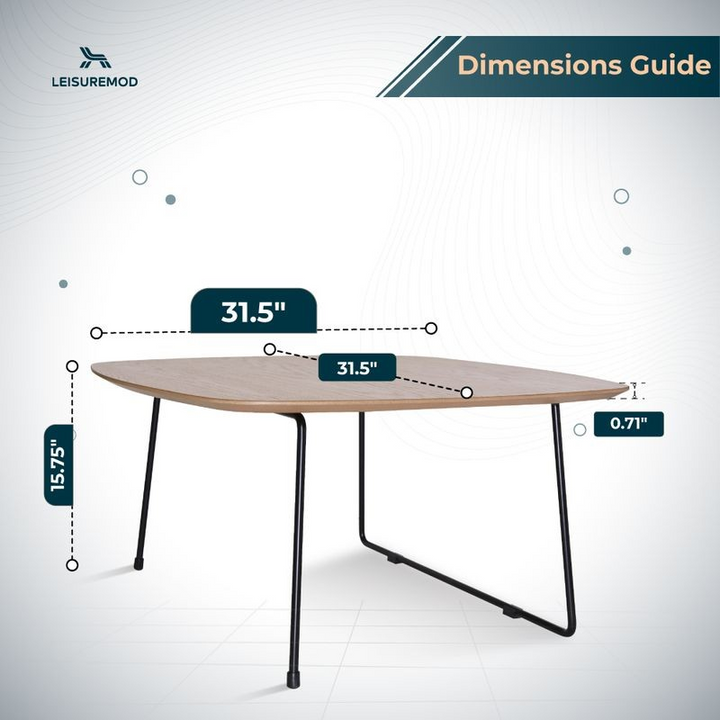 LeisureMod Pemborke Mid Century Modern Square Coffee Table with Wood Top and Powder Coated Iron Frame in Natural Wood Dimensions.