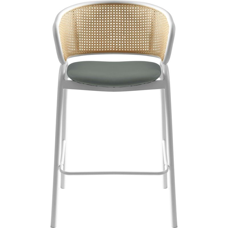 LeisureMod Ervilla Wicker Bar Stool with Fabric Seat and White Steel Frame in Grey Leather Front View.