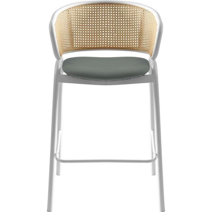 LeisureMod Ervilla Wicker Bar Stool with Fabric Seat and White Steel Frame in Grey Leather Front View.