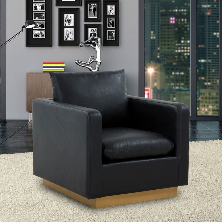 LeisureMod Nervo Faux Leather Accent Armchair with Gold Frame Black with Background.