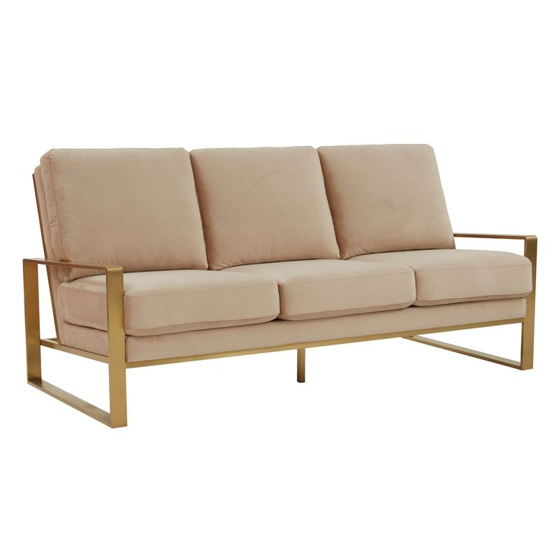 LeisureMod Jefferson Contemporary Modern Design Velvet Sofa with Gold Frame Beige