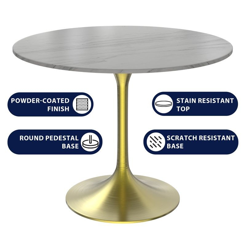 LeisureMod Verve Collection 36 Round Dining Table, Brushed Gold Base with Sintered Stone White Top